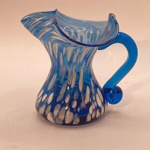 Rainbow Small Mini Pitcher Splatter Vase Blue White Hand Blown Hand Painted
